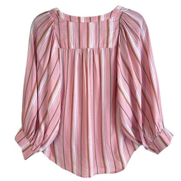 Anthropologie Maeve Brenda Pink and White Striped Boho Ballon Sleeve Blouse - Picture 4 of 9